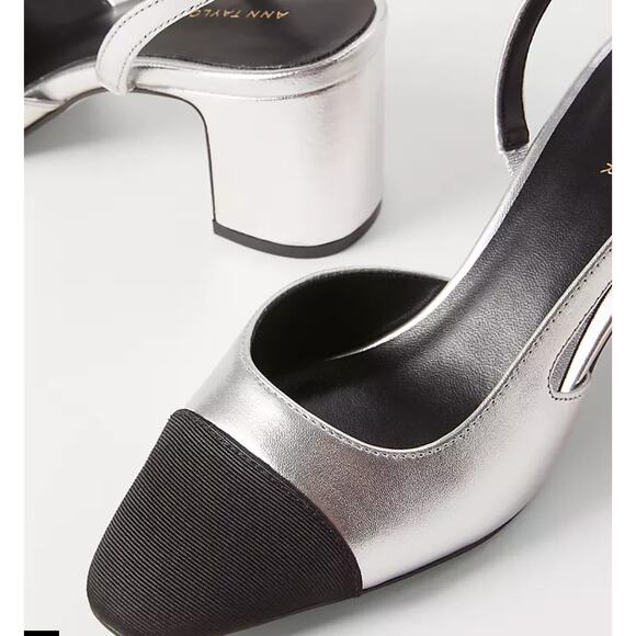 Ann Taylor Cap Toe Slingback Metallic Pumps - Size 7 Black Silver Leather - Picture 4 of 6